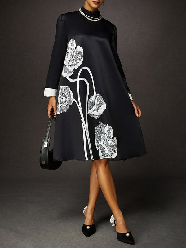 Olivia Bennet | A-Line Long Sleeves Contrast Color Floral Printed Split-Joint High Neck Midi Dresses