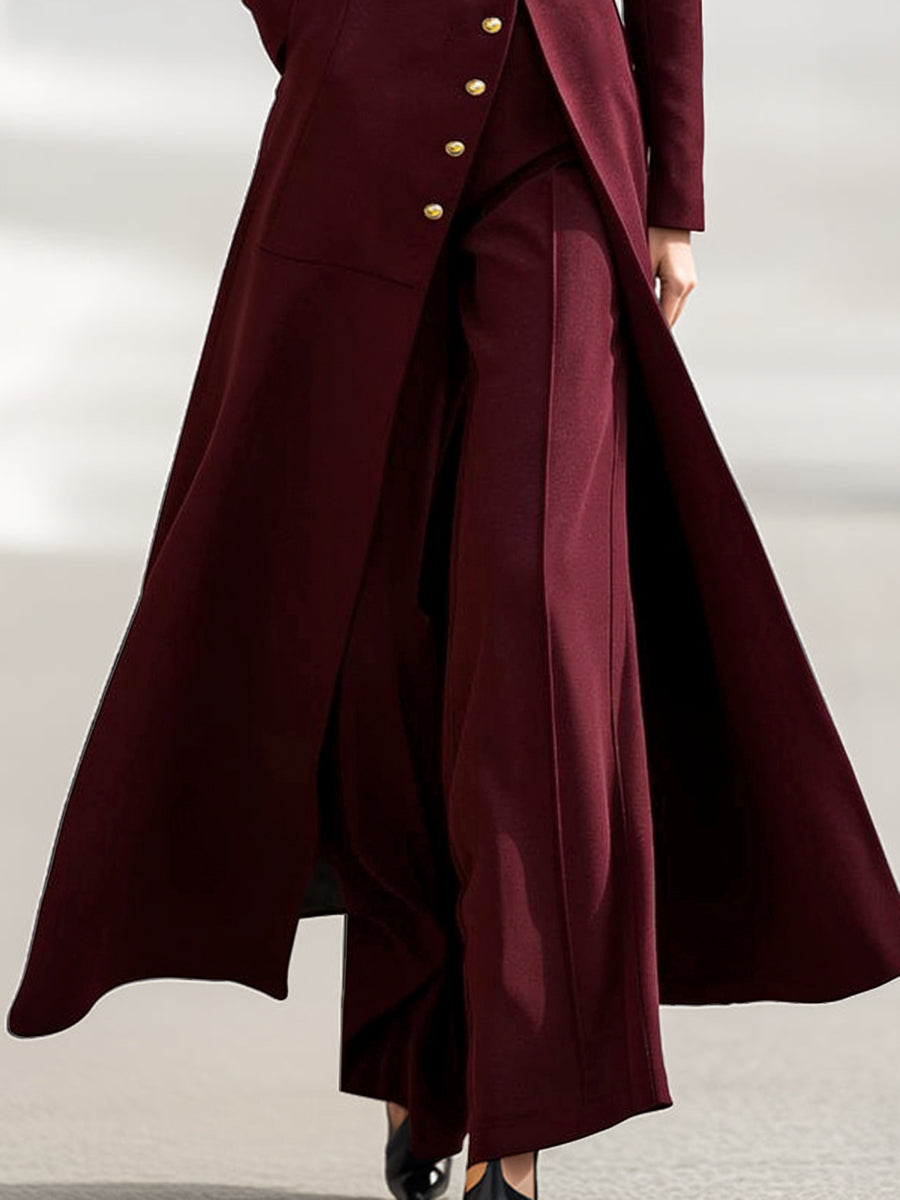 Olivia Bennet | High Waisted Long Sleeves Buttoned Solid Color Split-Front Round-Neck Midi Dresses