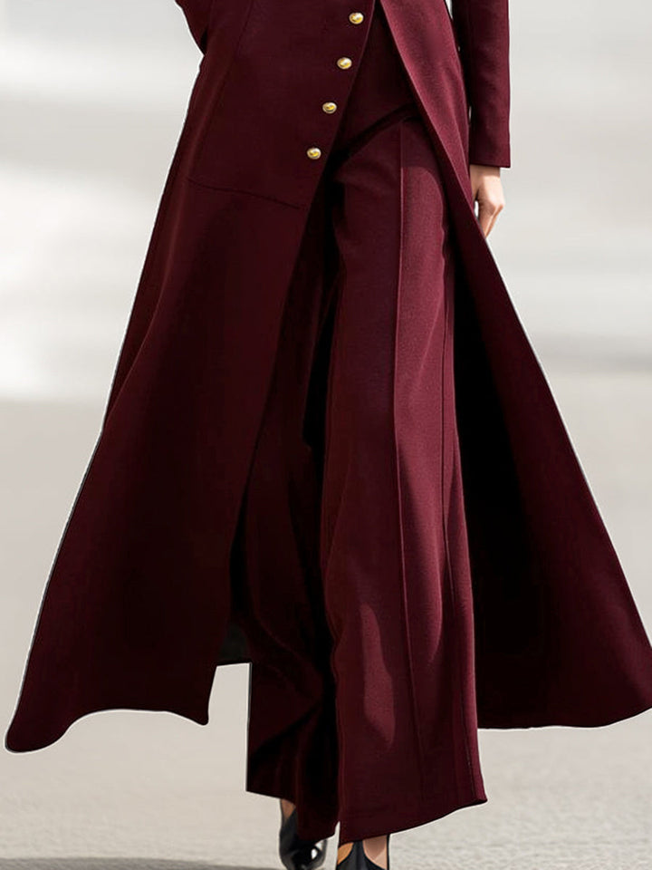 Olivia Bennet | High Waisted Long Sleeves Buttoned Solid Color Split-Front Round-Neck Midi Dresses
