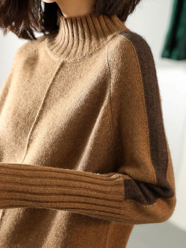 Olivia Bennet | Loose Long Sleeves Contrast Color Half Turtleneck Sweater Dresses