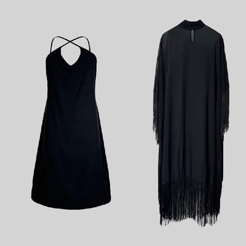 Olivia Bennet | Batwing Sleeves Loose See-Through Solid Color Tasseled Mock Neck Maxi Dresses