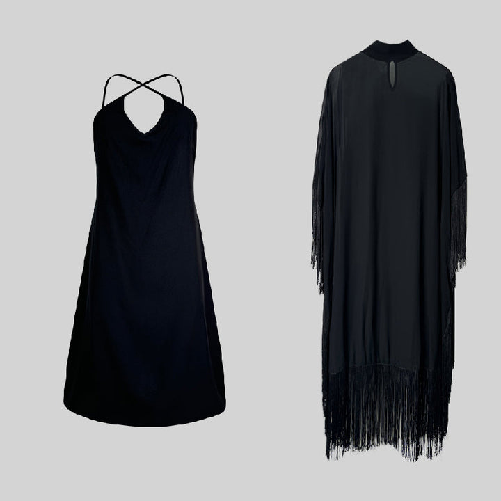 Olivia Bennet | Batwing Sleeves Loose See-Through Solid Color Tasseled Mock Neck Maxi Dresses