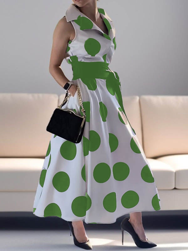 Olivia Bennet | A-Line Sleeveless Polka-Dot Split-Joint Tied Waist Lapel Maxi Dresses Shirt Dress
