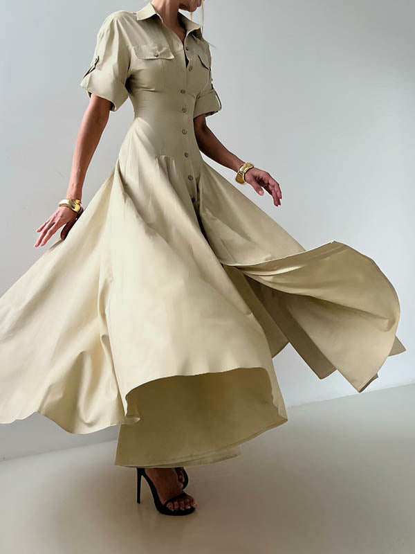 Olivia Bennet | Short Sleeves Buttoned Solid Color Lapel Maxi Dresses Shirt Dress