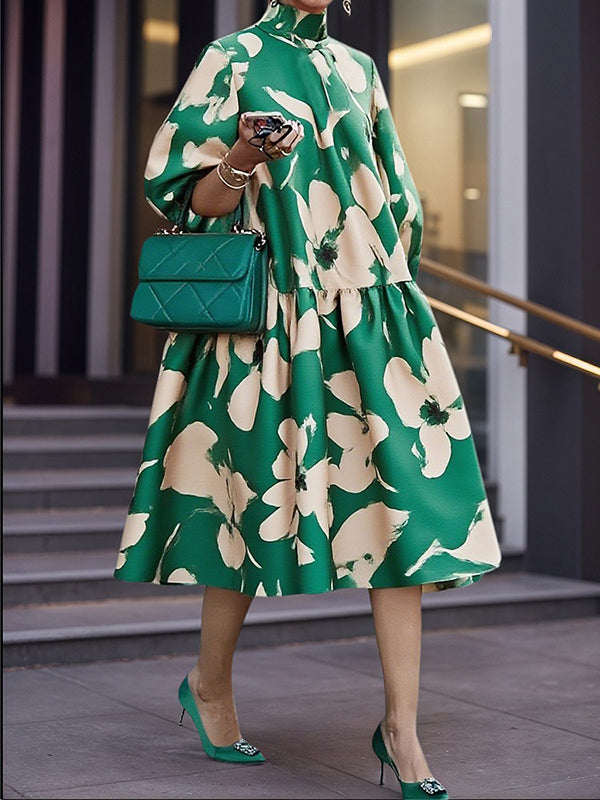 Olivia Bennet | Half Sleeves Loose Flower Print High Neck Midi Dresses