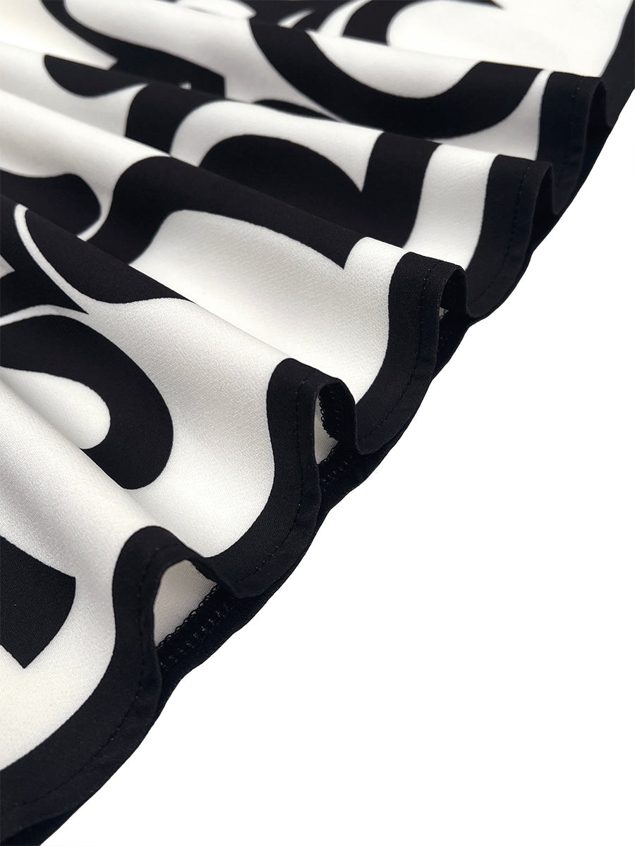 Olivia Bennet | A-Line Flared Sleeves Abstract Printed Contrast Color Hollow Line Split-Joint Stand Collar Maxi Dresses