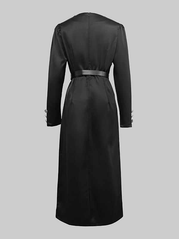 Olivia Bennet | Long Sleeves Puff Sleeves Buttoned Solid Color Deep V-Neck Midi Dresses