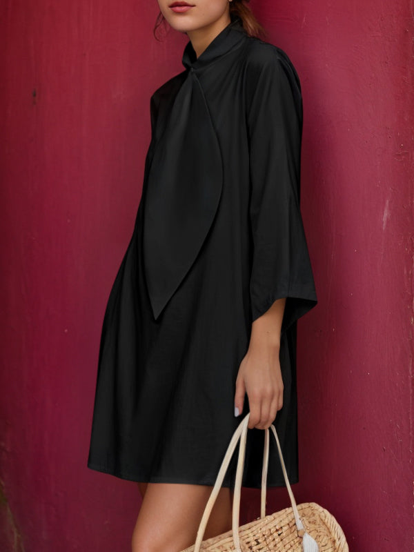 Olivia Bennet | Loose Three-Quarter Sleeves Solid Color Stand Collar Mini Dresses Shirt Dress