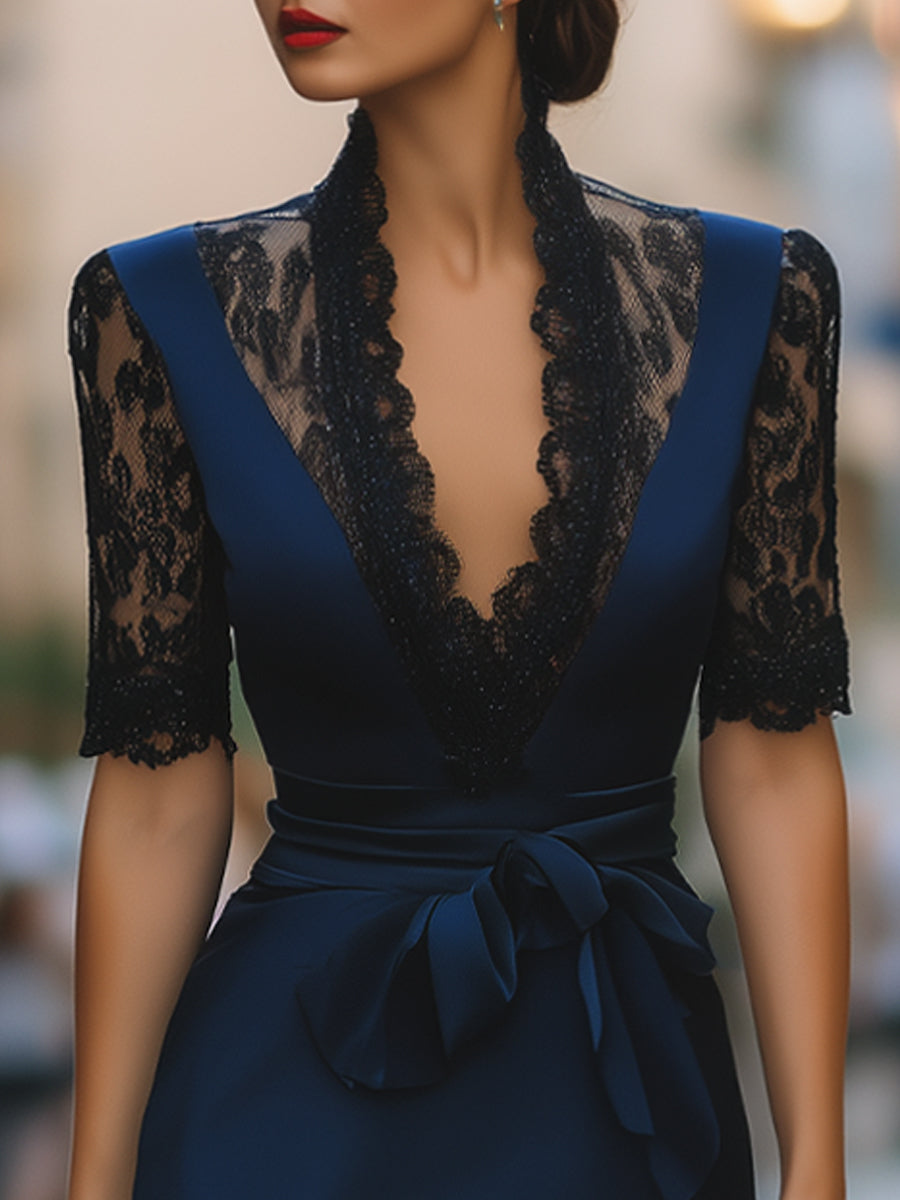 Olivia Bennet | Elegant Lace-Trim V-Neck Belted Midi Dress