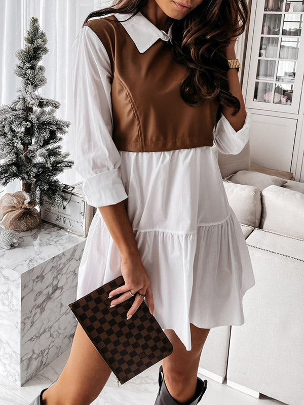 Olivia Bennet | Long Sleeves Loose Contrast Color Pleated Split-Joint Lapel Mini Dresses