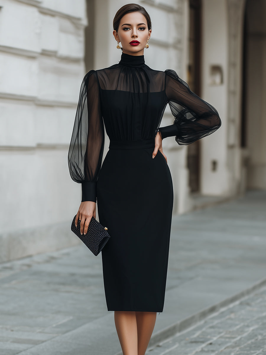 Olivia Bennet | High-Neck Sheer Sleeve Tailored Midi Dress