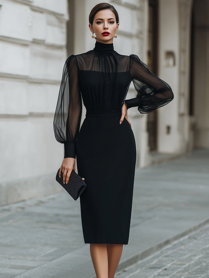Olivia Bennet | High-Neck Sheer Sleeve Tailored Midi Dress