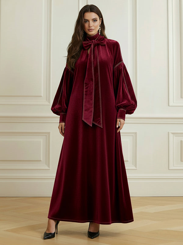 Olivia Bennet | A-Line Long Sleeves Bow-Embellished Pleated Solid Color Split-Joint High Neck Maxi Dresses