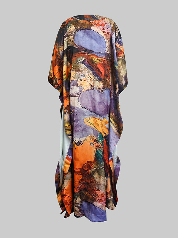 Olivia Bennet | Batwing Sleeves Loose Gauze Printed Split-Joint V-Neck Maxi Dresses