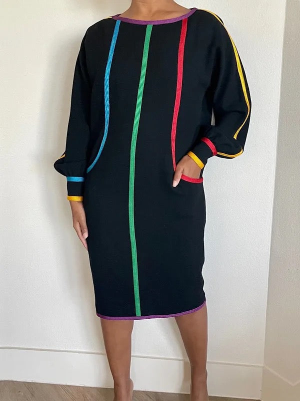 Olivia Bennet | Long Sleeves Puff Sleeves Contrast Color Pockets Round-Neck Midi Dresses
