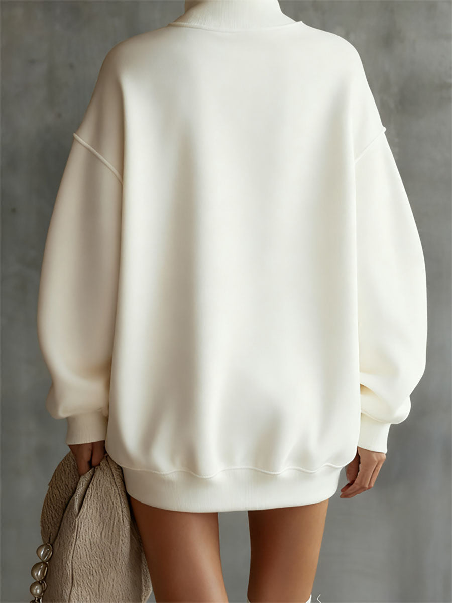 Olivia Bennet | Long Sleeves Loose Buttoned Solid Color Split-Joint High Neck Mini Dresses Sweatershirt