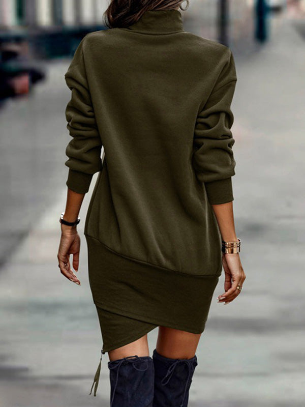 Olivia Bennet | Casual Long Sleeves Solid Color High-Neck Mini Dresses