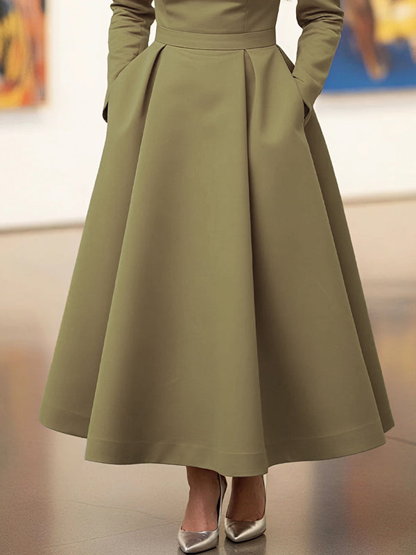 Olivia Bennet | A-Line High Waisted Pleated Pockets Solid Color V-Neck Maxi Dresses