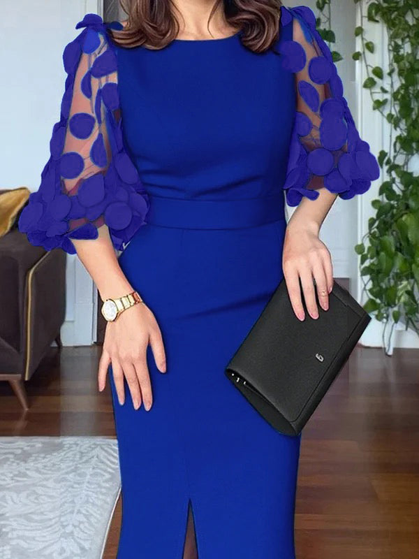 Olivia Bennet | Bodycon High Waisted Solid Color Split-Front Split-Joint Round-Neck Midi Dresses