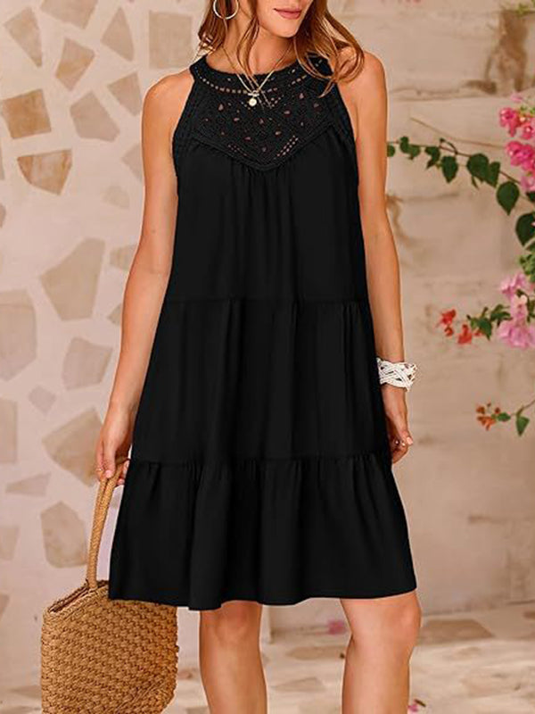 Olivia Bennet | A-Line Loose Hollow Pleated Solid Color Split-Joint Round-Neck Mini Dresses