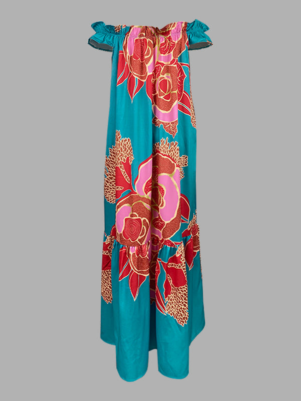 Olivia Bennet | A-Line Loose Elasticity Flower Print Pleated Split-Joint Off-The-Shoulder Maxi Dresses