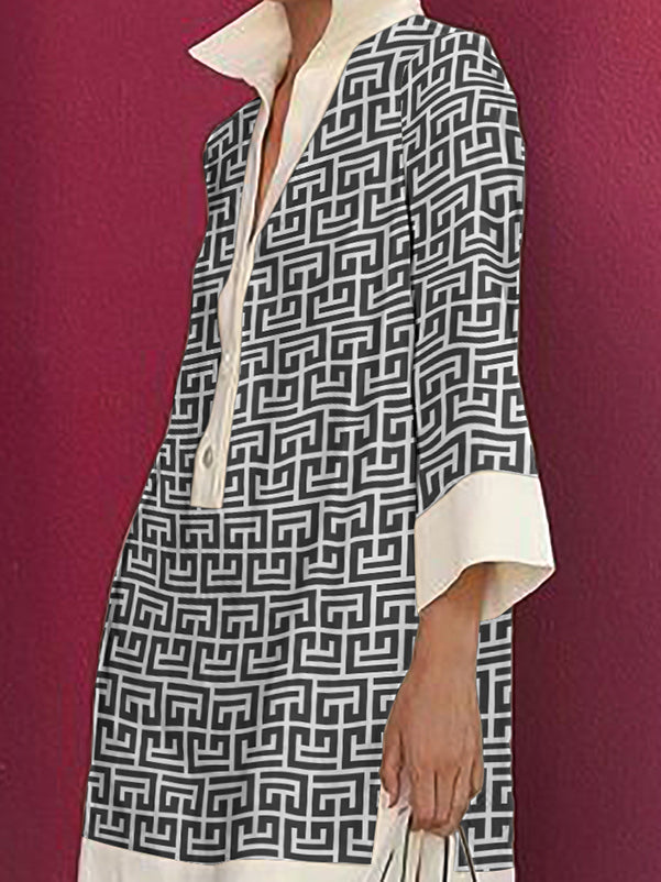 Olivia Bennet | Long Sleeves Three-Quarter Sleeves Buttoned Printed Lapel Mini Dresses Shirt Dress