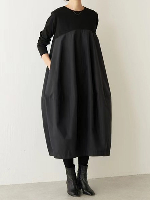 Olivia Bennet | Long Sleeves Loose Split-Joint Round-Neck Midi Dresses