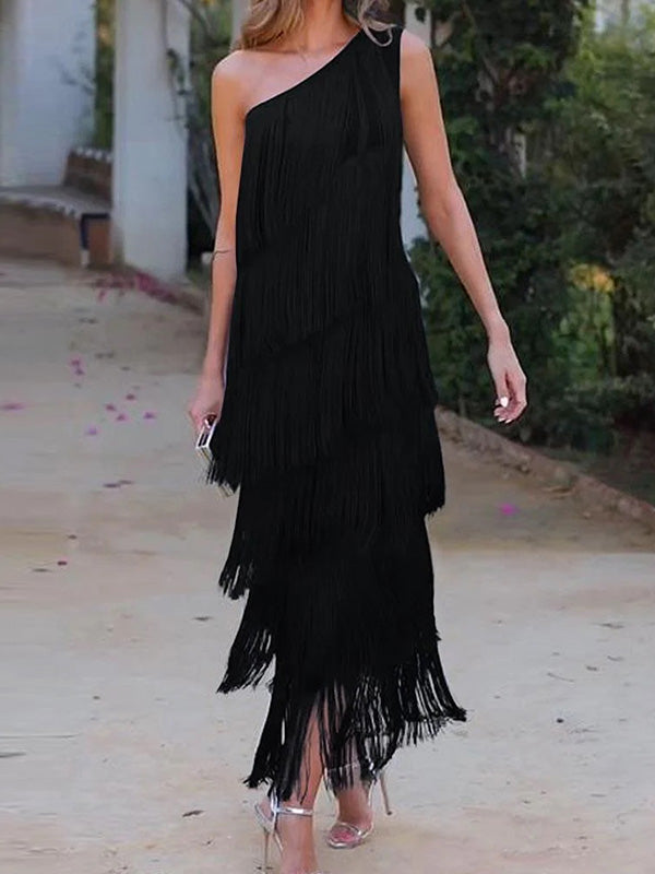 Olivia Bennet | Loose Sleeveless Asymmetric Solid Color Split-Joint Tasseled One-Shoulder Maxi Dresses
