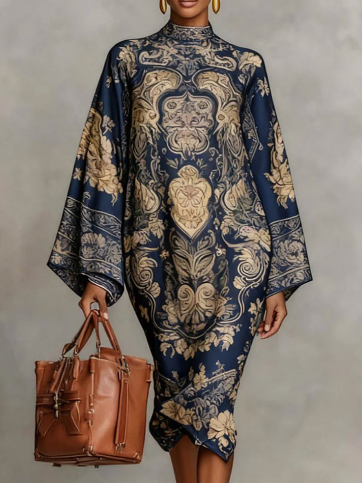 Olivia Bennet | Long Sleeves Loose Contrast Color Printed Mock Neck Midi Dresses