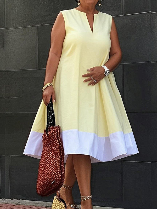 Olivia Bennet | A-Line Loose Contrast Color Pockets V-Neck Midi Dresses