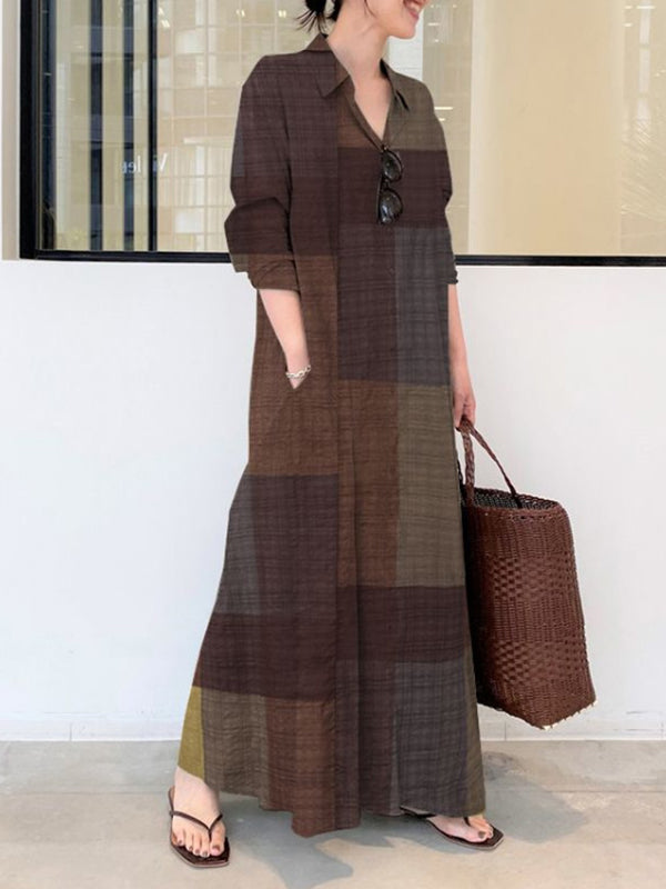 Olivia Bennet | Long Sleeves Loose Plaid Pockets Lapel Maxi Dresses Shirt Dress