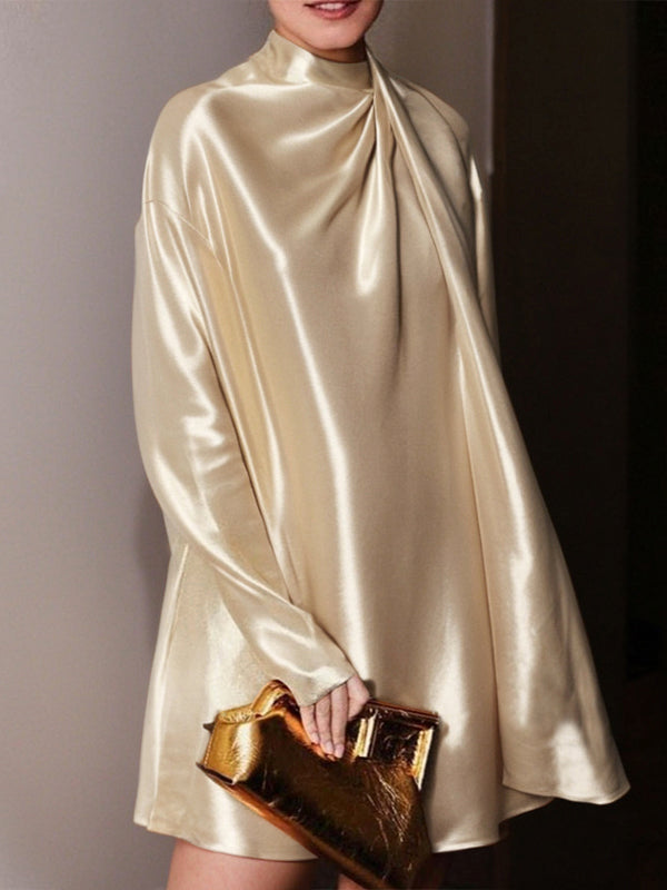 Olivia Bennet | Long Sleeves Loose Shiny Solid Color High Neck Mini Dresses