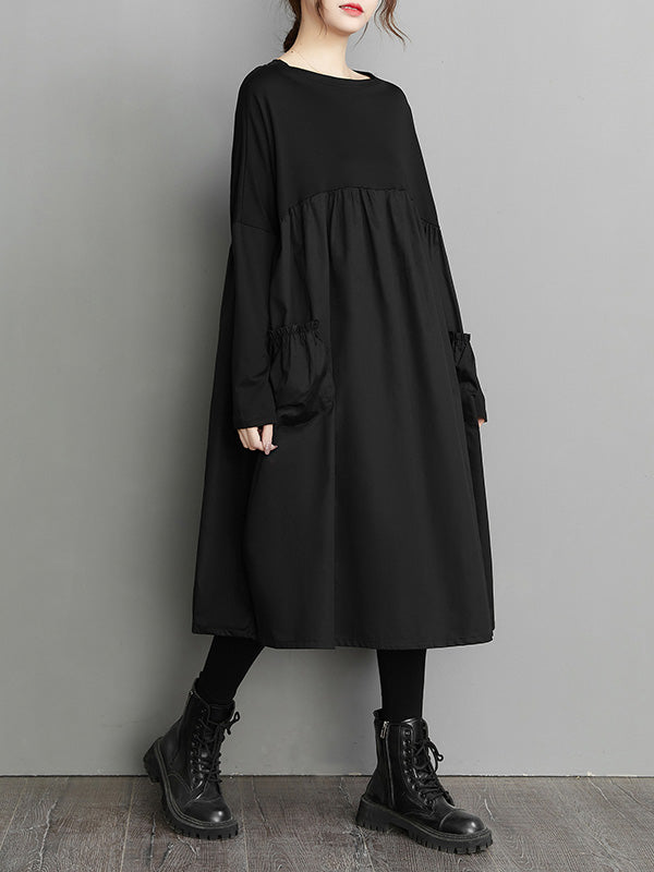 Olivia Bennet | Simple Loose Black Split-Joint Long Sleeves Midi Dress