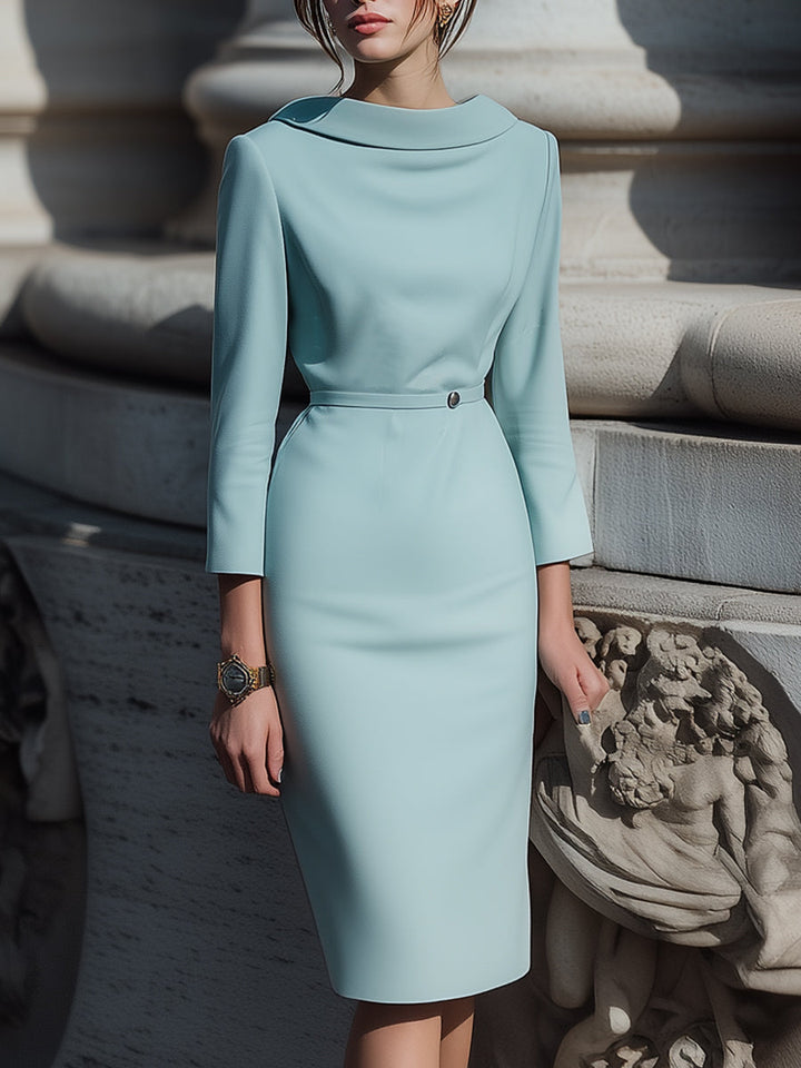 Olivia Bennet | Powder Blue Draped Collar Pencil Midi Dress