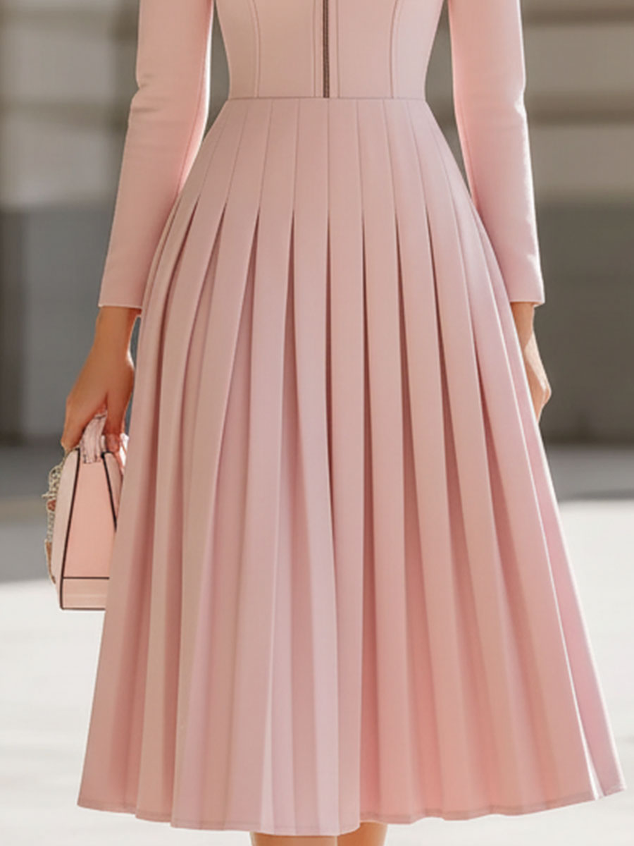 Olivia Bennet | Elegant Blush Pink Pleated Midi Dress With Stand Collar
