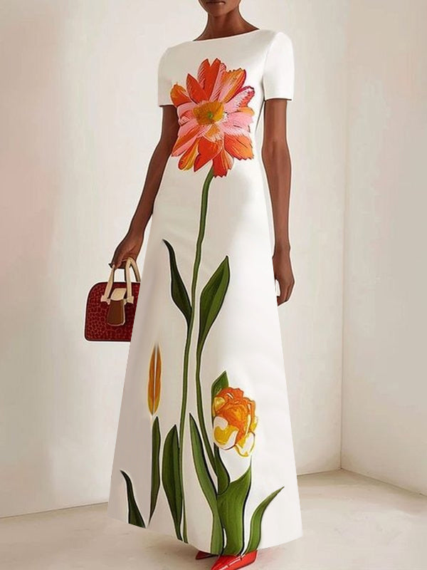 Olivia Bennet | Short Sleeves Flower Print Boat Neck Maxi Dresses