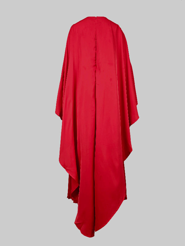 Olivia Bennet | Cape High-Low Pleated Solid Color Split-Joint Round-Neck Evening Dresses Maxi Dresses