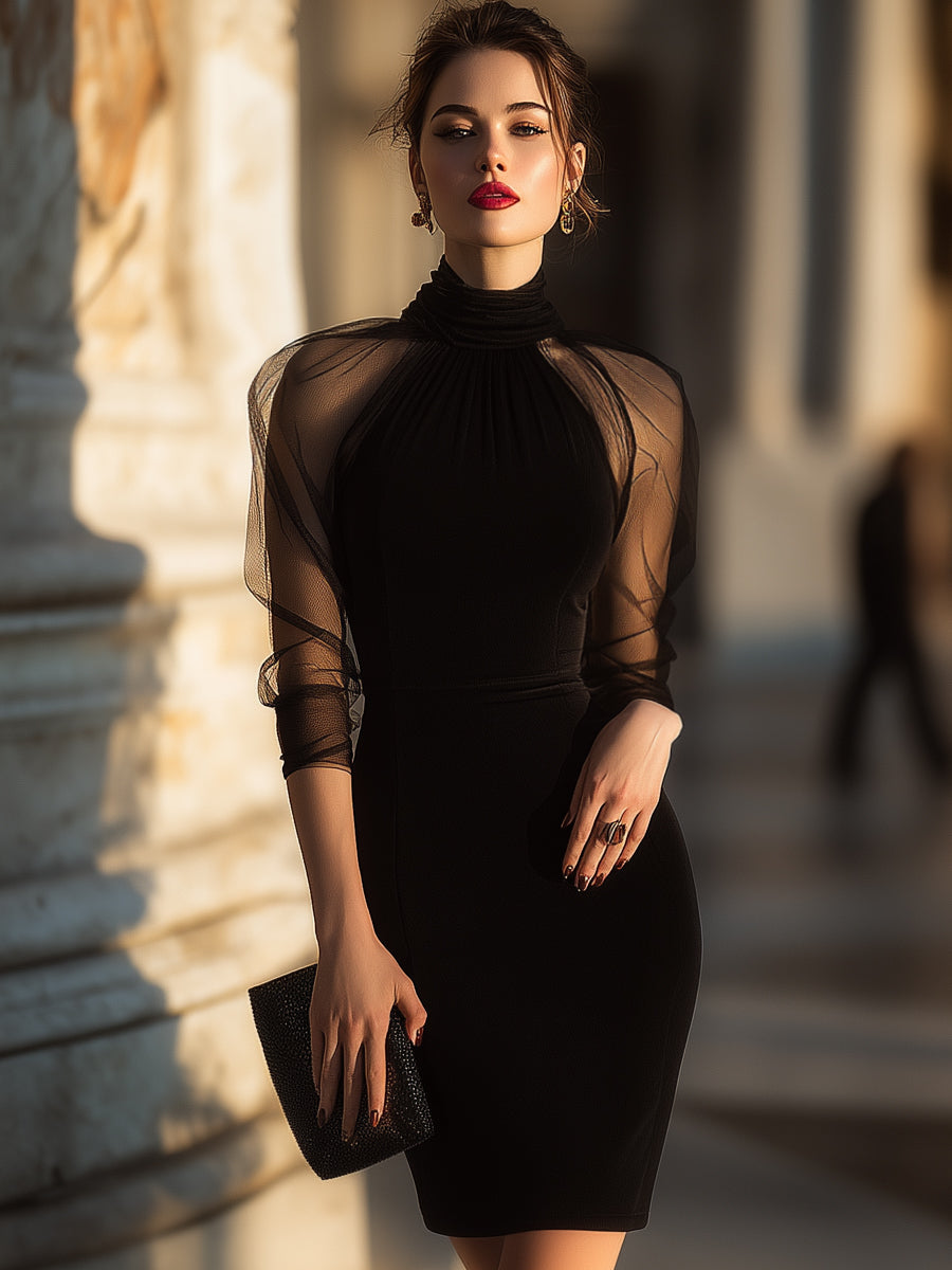 Olivia Bennet | Black Sheer-Sleeve High-Neck Mesh Cocktail Dress