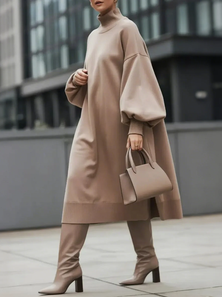 Olivia Bennet | Long Sleeves Loose Solid Color High Neck Midi Dresses Sweater Dresses