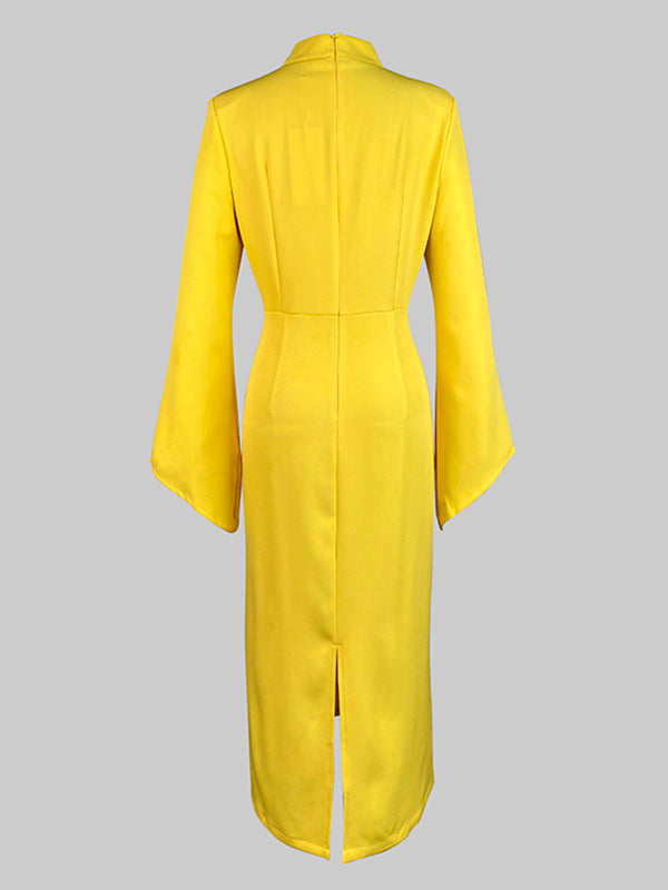 Olivia Bennet | Flared Sleeves High Waisted Buttoned Solid Color Mock Neck Midi Dresses