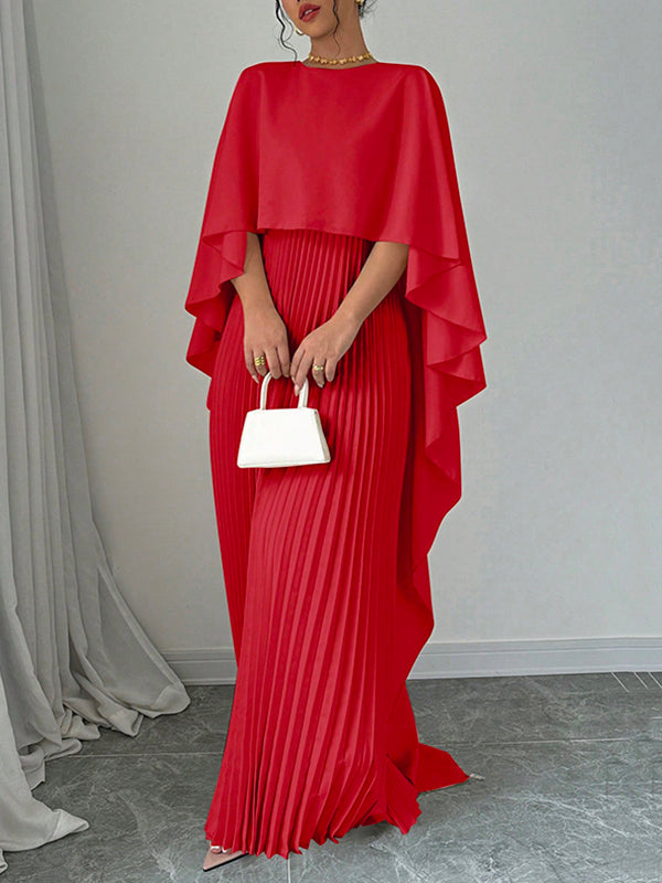 Olivia Bennet | Cape High-Low Pleated Solid Color Split-Joint Round-Neck Evening Dresses Maxi Dresses