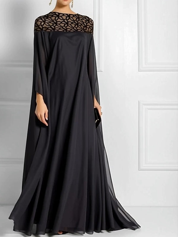 Olivia Bennet | Batwing Sleeves Loose Jacquard See-Through Solid Color Split-Joint Three-Dimensional Flower Round-Neck Maxi Dresses