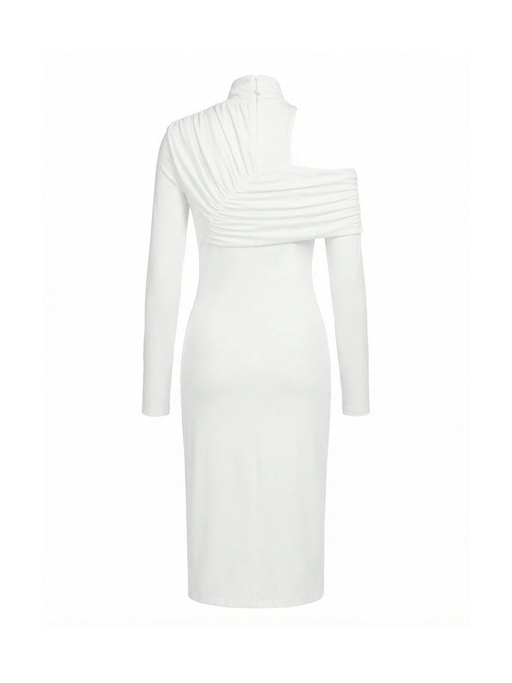 Olivia Bennet | Irregularity Long Sleeves Asymmetric Pleated Solid Color Split-Front Split-Joint Split-Side High Neck Midi Dresses