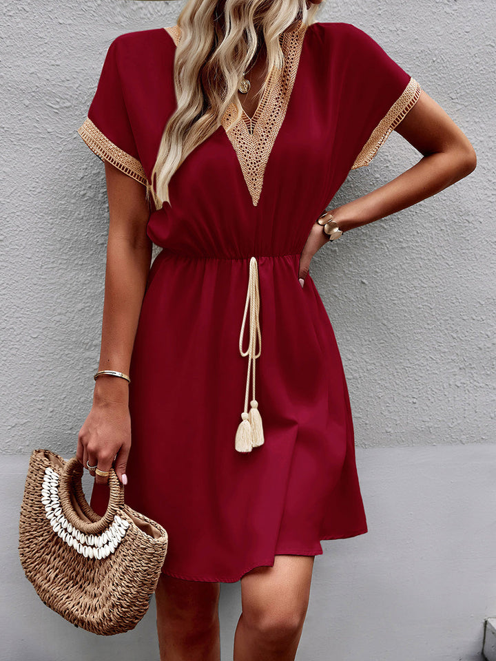 Olivia Bennet | A-Line Elasticated Waist Contrast Color Drawstring Hollow Split-Joint Tasseled Tied V-Neck Mini Dresses