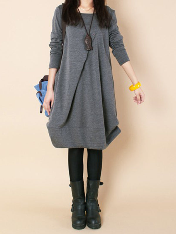 Olivia Bennet | A-line Long Sleeves Pleated Solid Color Round-neck Dresses Maxi Dresses