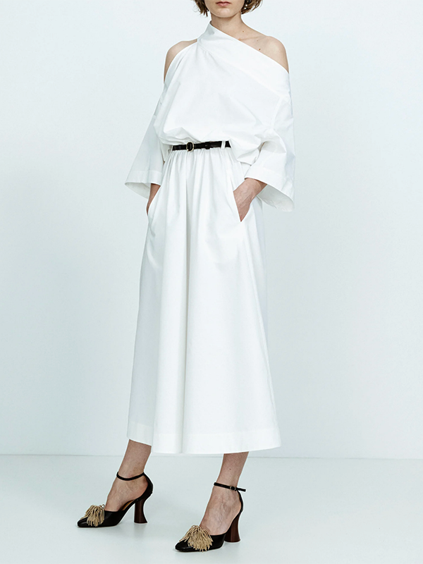 Olivia Bennet | Long Sleeves Loose No Belt Solid Color Off-The-Shoulder Midi Dresses