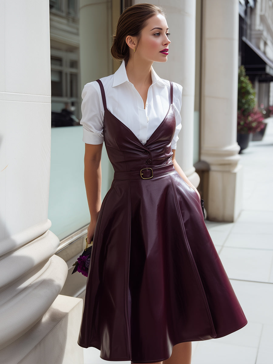 Olivia Bennet | White Button-Up, Wine-Red Leather Suspender Overlay Shirt Dress
