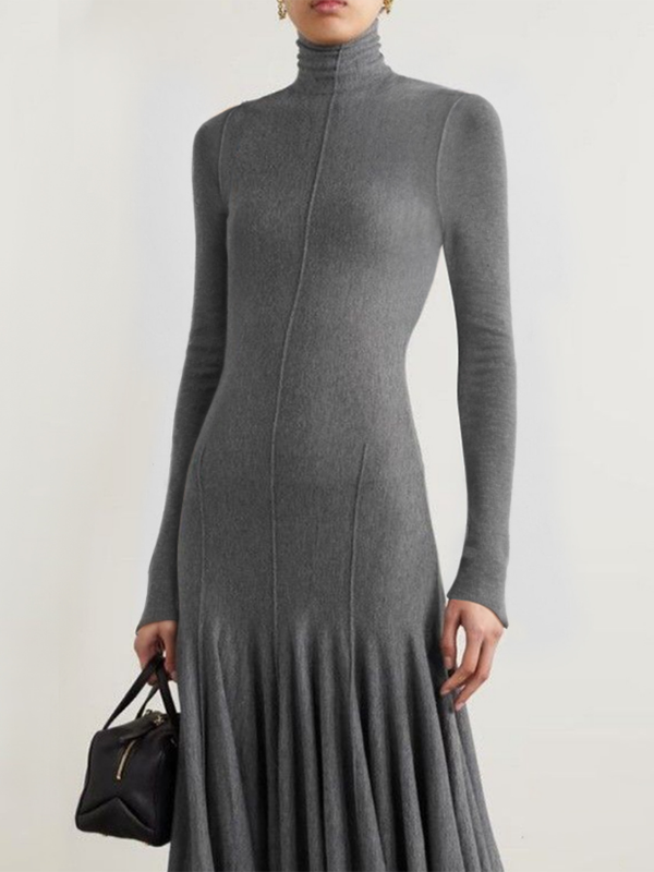 Olivia Bennet | Long Sleeves Skinny Solid Color High Neck Maxi Dresses