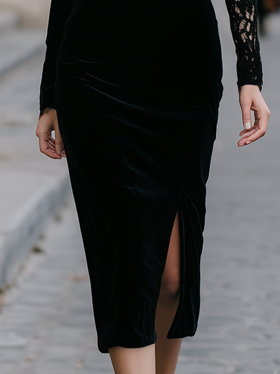Olivia Bennet | High-Neck Lace-Panel Velvet Midi Dress