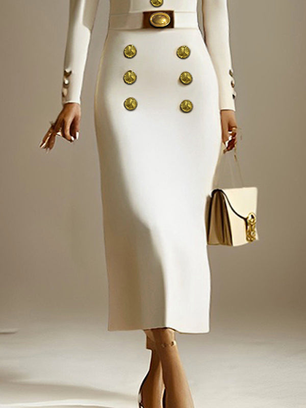 Olivia Bennet | Long Sleeves Puff Sleeves Buttoned Solid Color Deep V-Neck Midi Dresses